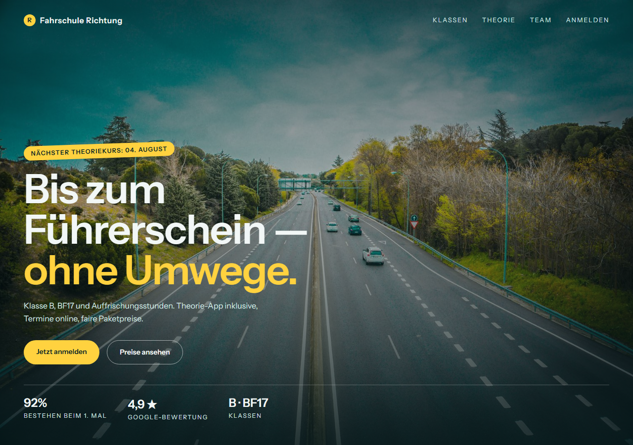 Concept website for a driving school: Richtung